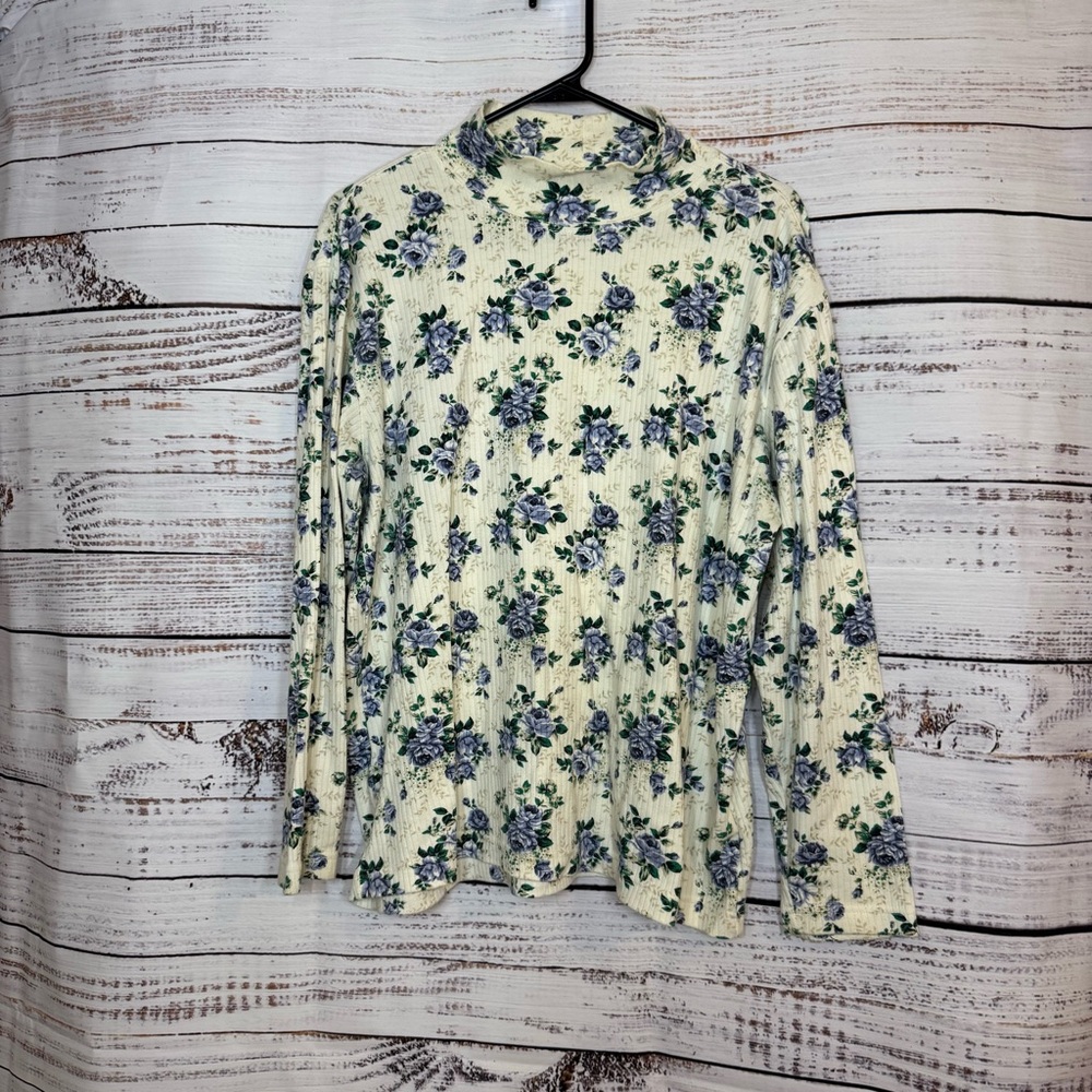 Cabin Creek Floral Cowl Neck Ribbed t shirt - Cream and Blue